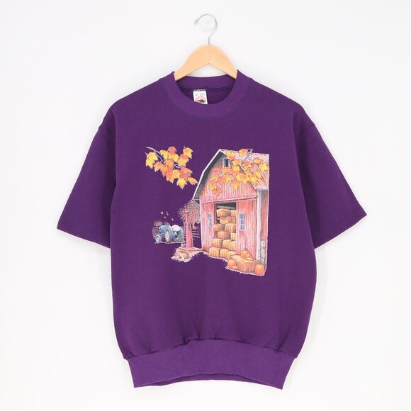 VINTAGE FRUIT OF THE LOOM Single Stitch Short Sleeve Sweatshirt Autumnal Size M - Picture 1 of 6